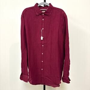 Massimo Alba Linen Burgundy Stripe Button Up Shirt Large Collared Longs Sleeve